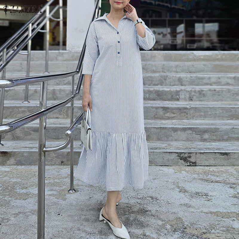 

ZANZEA Женское повседневное платье-рубашка с отложным воротником, свободного кроя, с рукавами 3/4 и полосатым принтом M