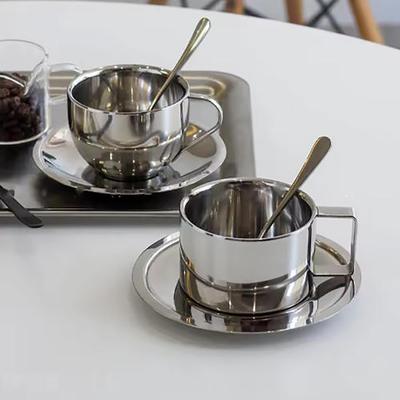 Stainless Steel Coffee Cup Set Double Walled Heat Resistant Coffee Mug with Spoon and Saucer Drink Tableware Kitchen Cafe Tools