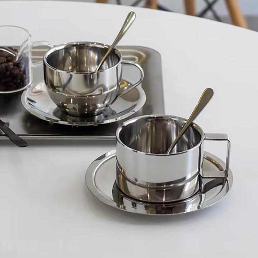Stainless Steel Coffee Cup Set Double Walled Heat Resistant Coffee Mug with Spoon and Saucer Drink Tableware Kitchen Cafe Tools