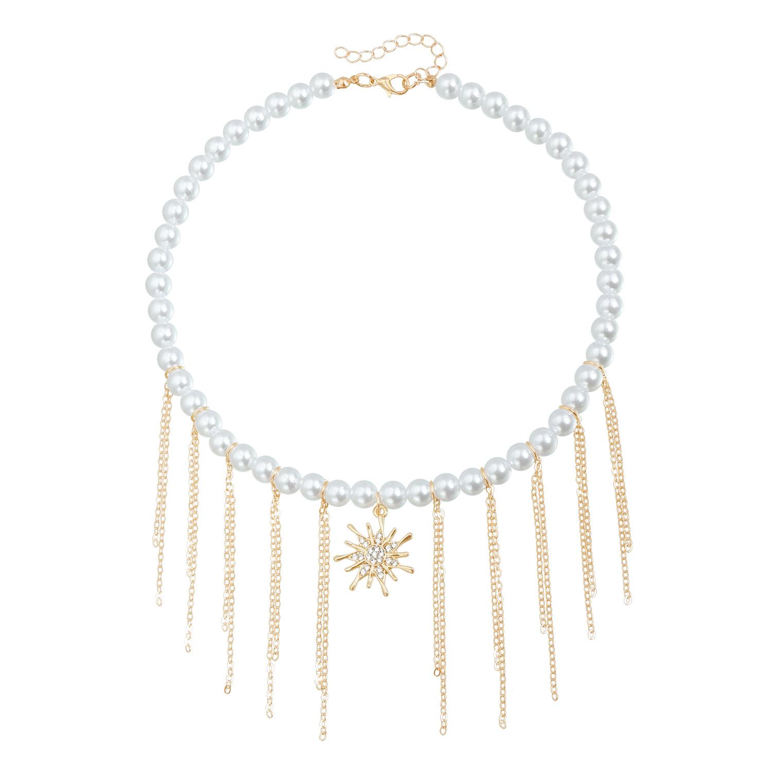 Diamond-encrusted mango star imitation pearl necklace multi-tassel light luxury choker item