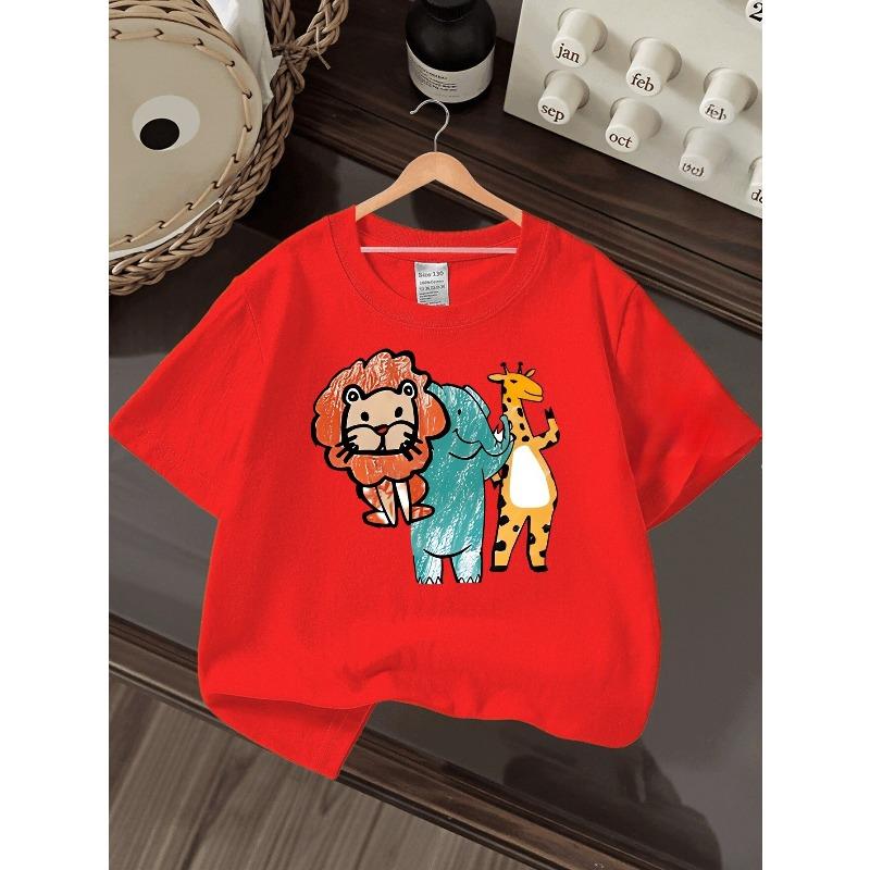 Boys Knit Crewneck T-Shirt, Cute Lion Elephant Giraffe Cartoon Animal Print