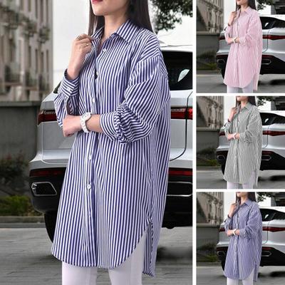 Women Spring Fall Shirt Sriped Print Loose Split Hem Single-breasted Turn-down Collar Long Sleeve Buttons Soft Mid Length Lady Daily Blouse