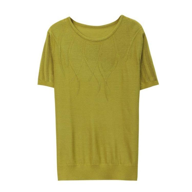 Summer Women's Ice Silk Knitted T-shirt Mom Summer Outfit Thin Hollow Out Knitted Top Short Sleeve