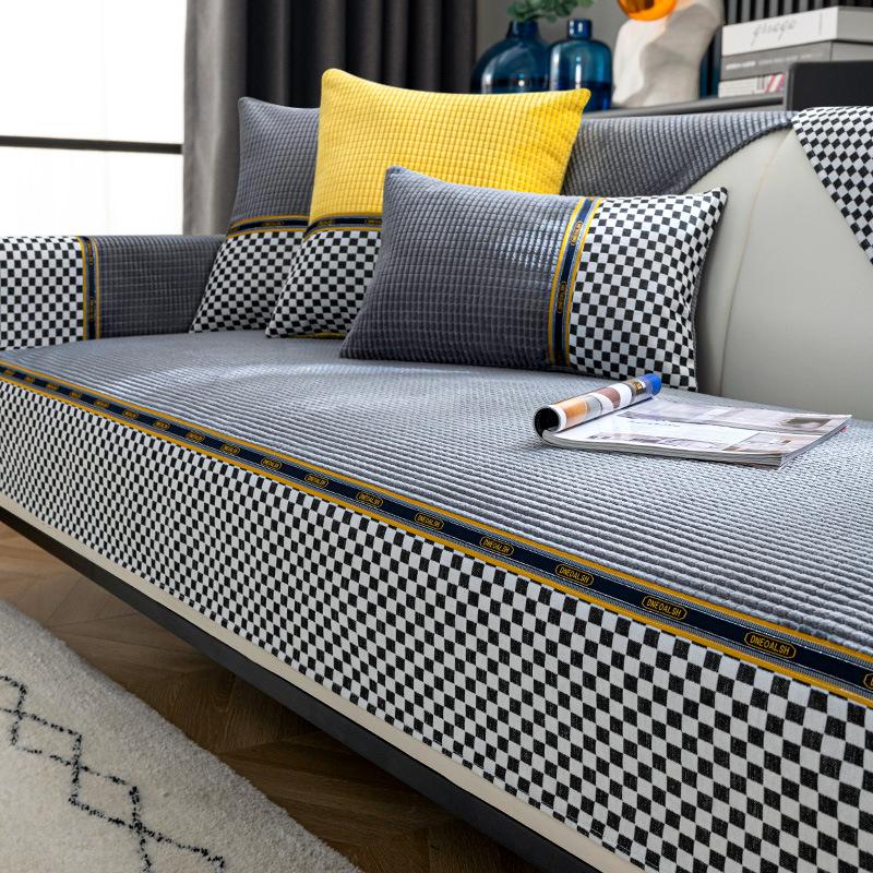 Verdickte Plüsch Sofa Matte Schachbrett Geteilte Couch Kissen Wohnzimmer Winter Sofabezug Weiches Universelles Sofakissen Handtuch