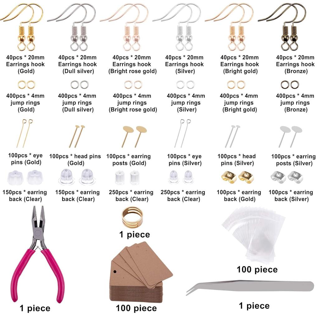 4240 Sztuk Zestaw Materiałów do Robienia Kolczyków Haczyki do Kolczyków Kółka Łączące Zapięcia do Kolczyków Karty na Kolczyki Sztyfty do Kolczyków Szpilki z Kółkiem Pęseta Biżuteryjna Kółko Łączące