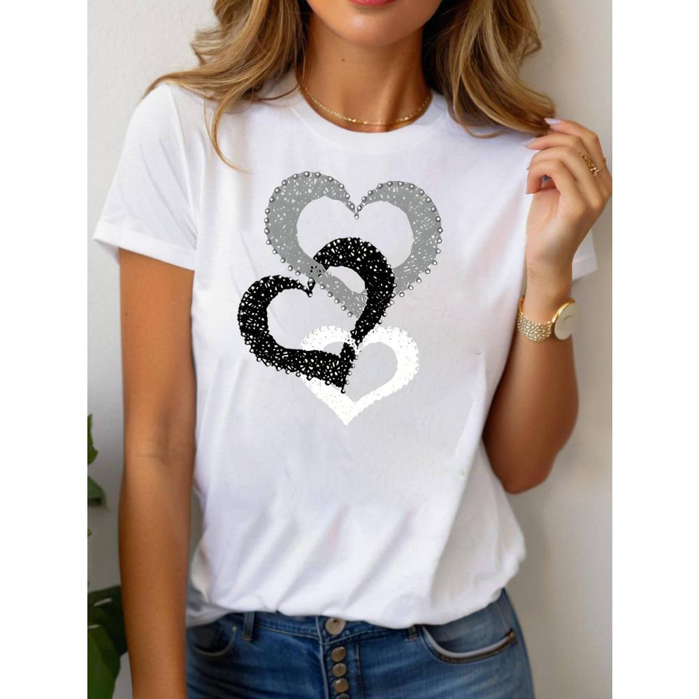 Casual Women's T-Shirt Three Hearts Graphic Print Round Neck Short Sleeve For Daily Outdoor Leisure Wear Lightweight Comfortable