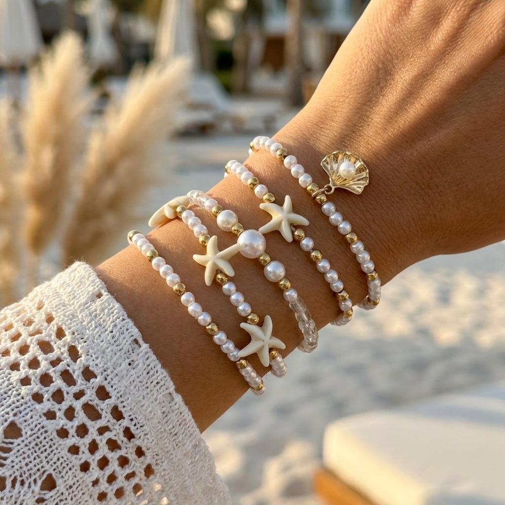 Bohemian Shell Starfish Bead Bracelet Set for Women Fashion Summer Beach Multilayer Stacked Bracelets Party Jewelry Gifts