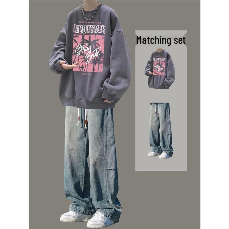 Boys' Trendy Loose Round Neck Sweatshirt & Jeans Set - Cool Casual Two-Piece Outfit for Spring & Autumn