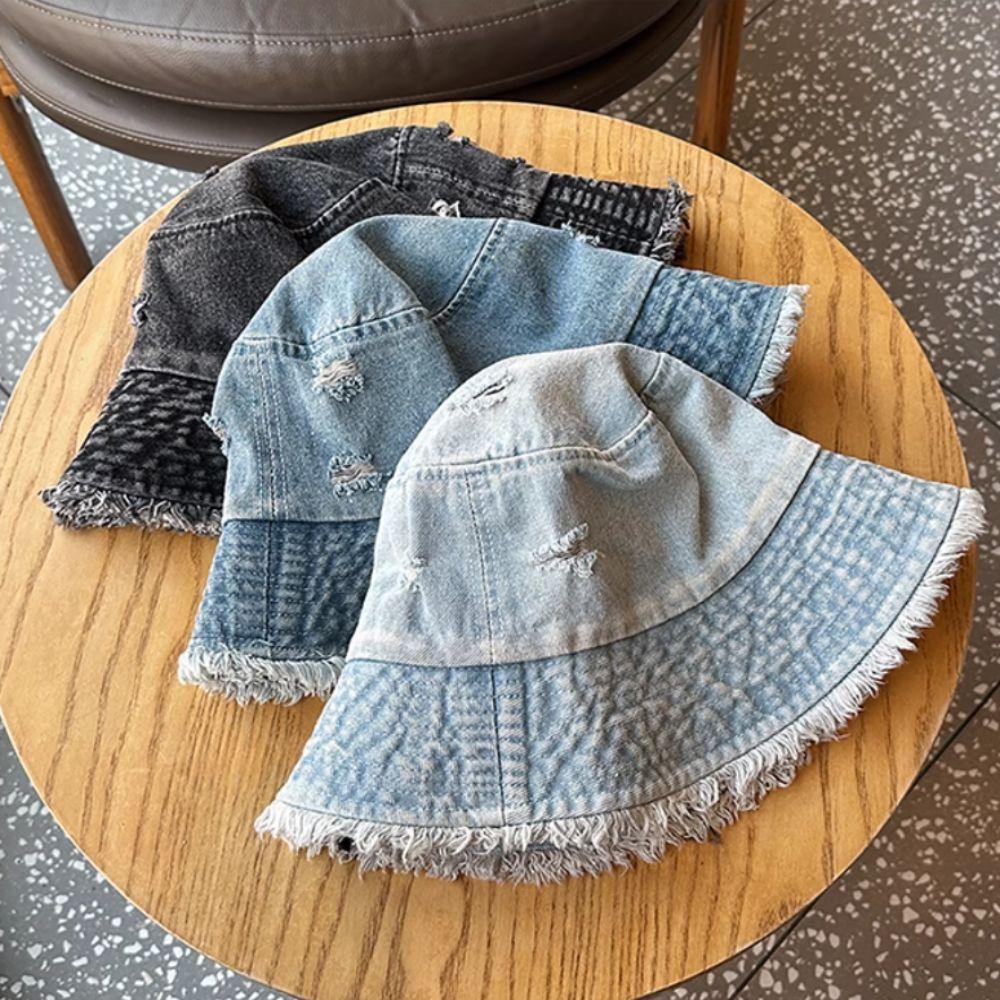 Washed Denim Denim Bucket Hat Large Brim Sun Protection Hat Personalized Basin Hat  Beach