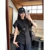 Women Black Waist Cinched Flutter Sleeve Button Down Shirt