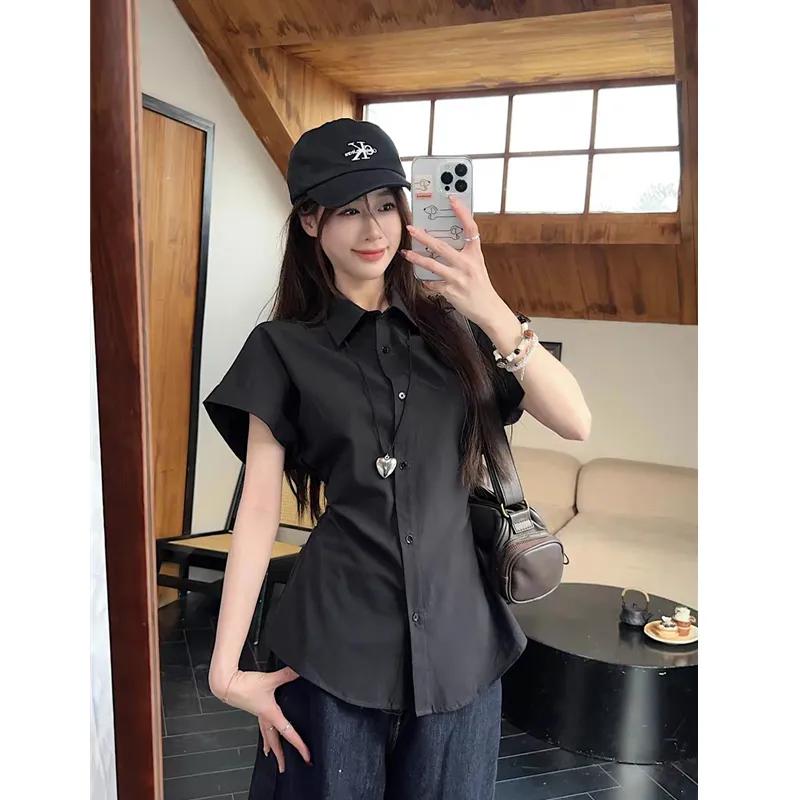 Women Black Waist Cinched Flutter Sleeve Button Down Shirt M чёрный