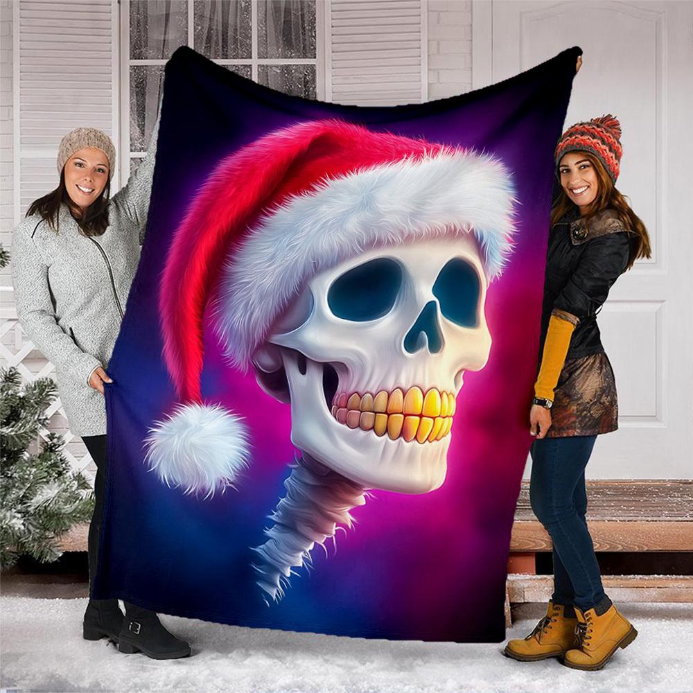 1pc Santa Skull Hat Outdoor Flannel Blanket , Machine Washable Perfect Gift for Birthday , Holiday Travel Accessory , Durable Material