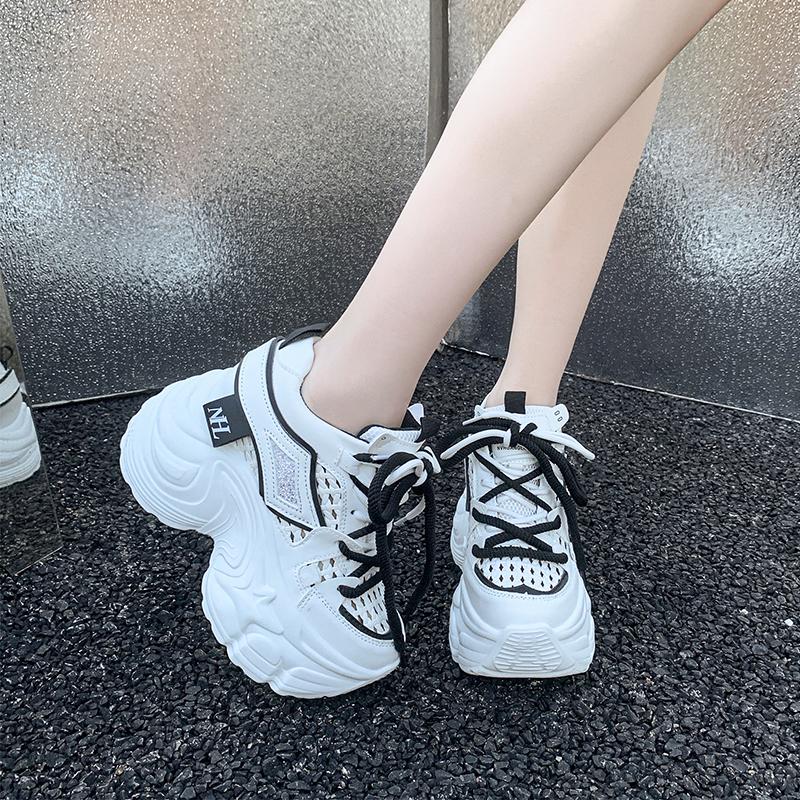 9CM New Spring Women Hollow Sneakers 2025 Summer Casual Vulcanized Shoes High Platform Breathable Mesh Sneakers Female Dad Shoes