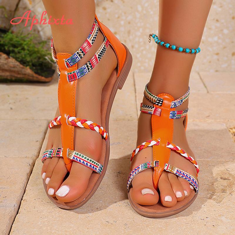Fashion Aphixta Orange Flat With Sandals Woman Shoes Back Zip Gladiator Beach Shoes Woman Zapatos Mujer Plus Size 43