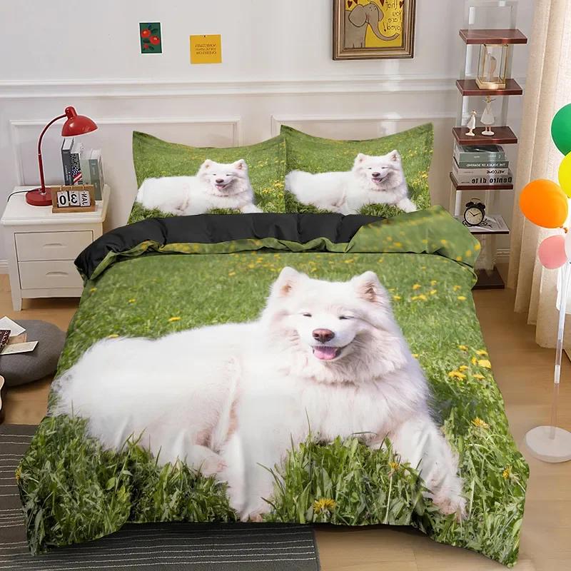 Samojedhund Påslakan King Queen Size Härligt Leende Husdjur Valp Sängkläder Set Vuxna Kvinnor Söt Vit Djur Polyester Täcke