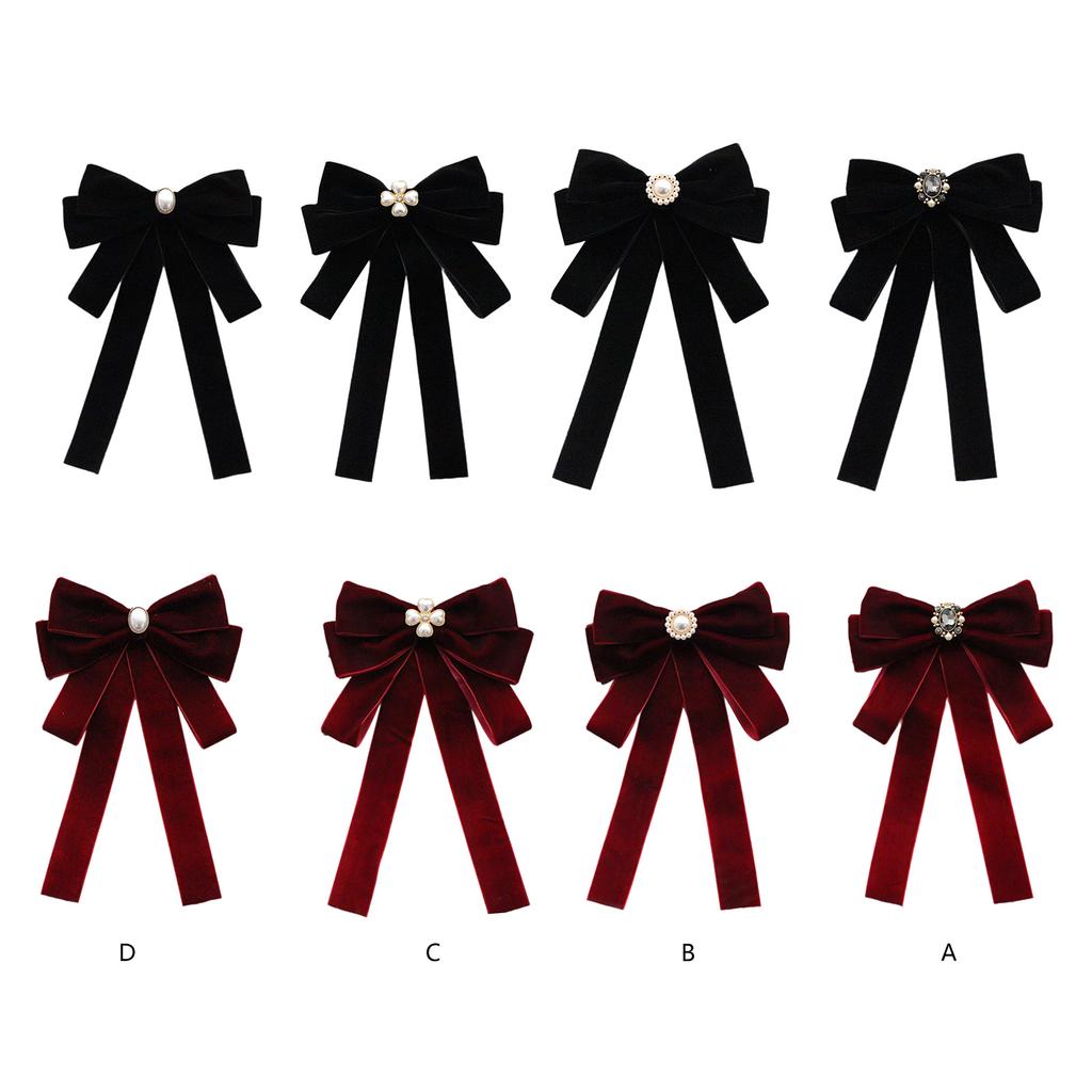Elegant Women's Velvets Bows Tie Brooch Pin Pre Tied Bowknot Necktie with Rhinestones and Pearls Decors for Formal Event