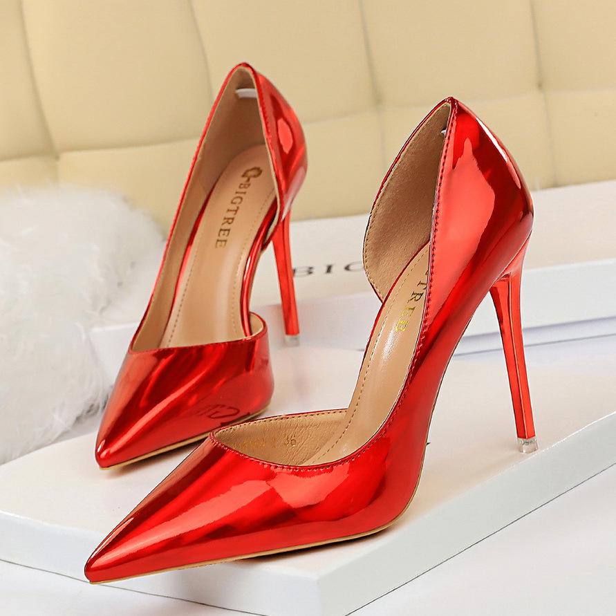 European and American metal high heels, thin heel high heel, shallow mouth pointed side hollow sexy nightclub women's single shoes