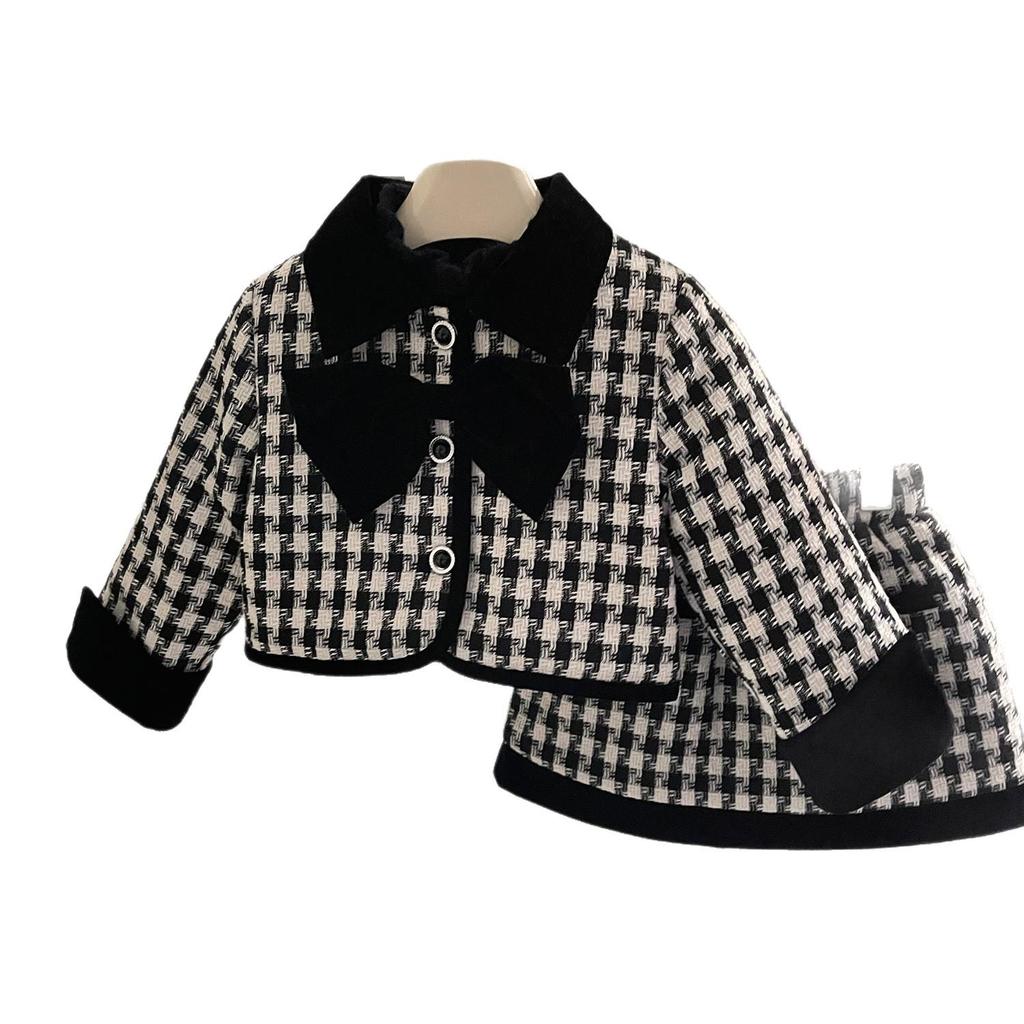 Set Jachetă și Fustă în Carouri cu Fundă pentru Copii - Toamnă/Iarnă Stil Coco