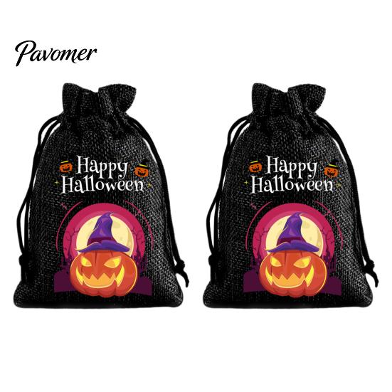 Trick or Treat Party Souvenirs 2Pcs Halloween Pumpkin Drawstring Bags for Candy Treats, Retro Burlap Rustic Linen Goodie Bags, Portable Kids