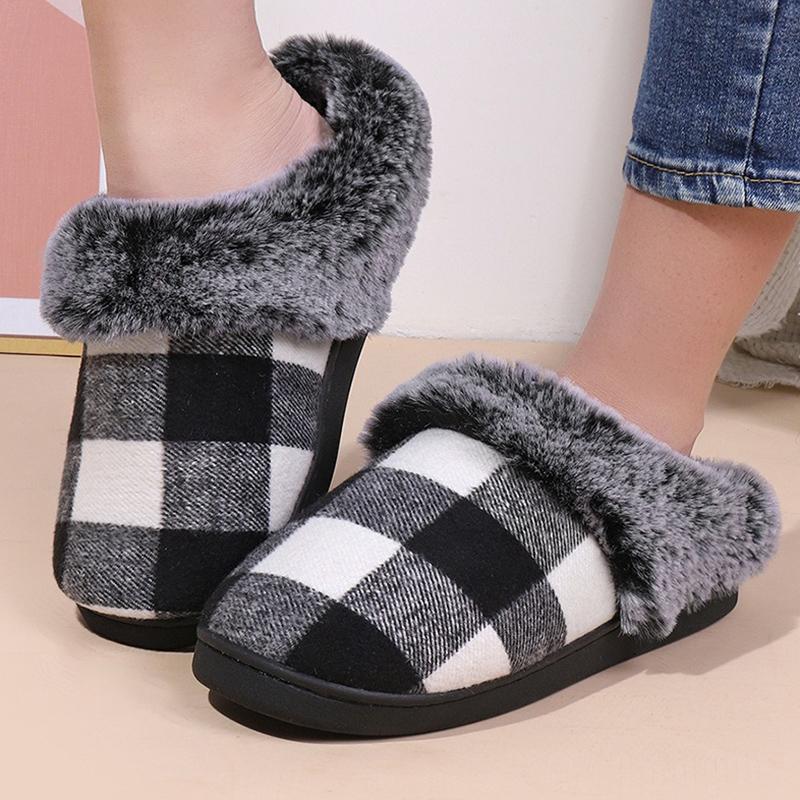 Fashion Retro Plaid Plush Slippers for Women Soft Faux Fur House Cotton Slippers Woman Winter Slip On Non Slip Furry Slides Female