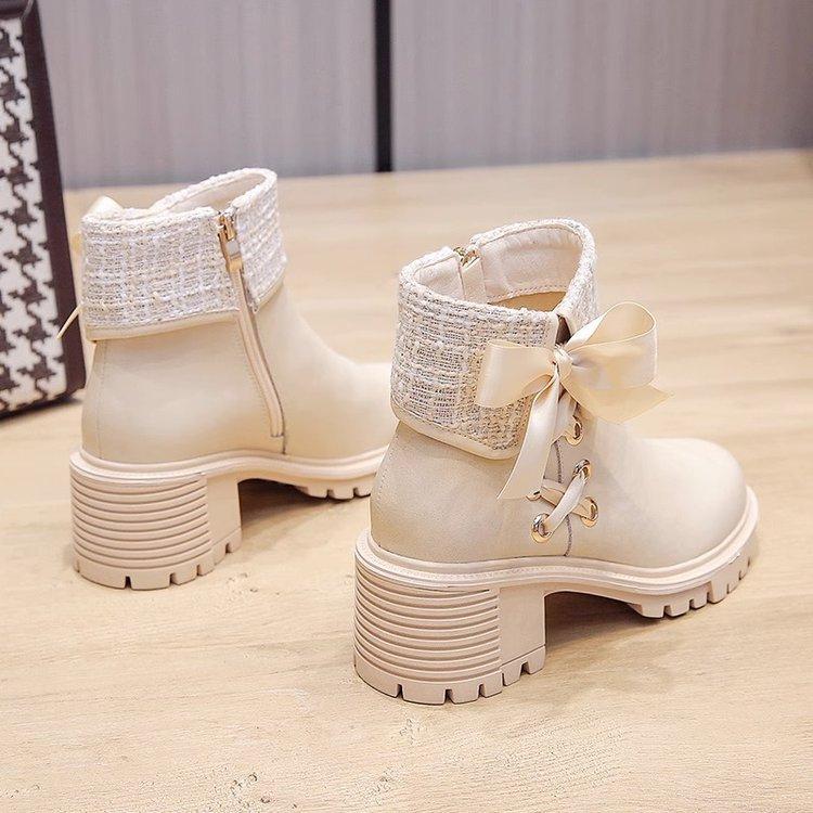 [Genuine Leather] Xiaoxiangfeng Short Boots Women's Autumn and Winter Velvet Bow French Sweet Versatile and Ankle Boots Martin Boots Tide