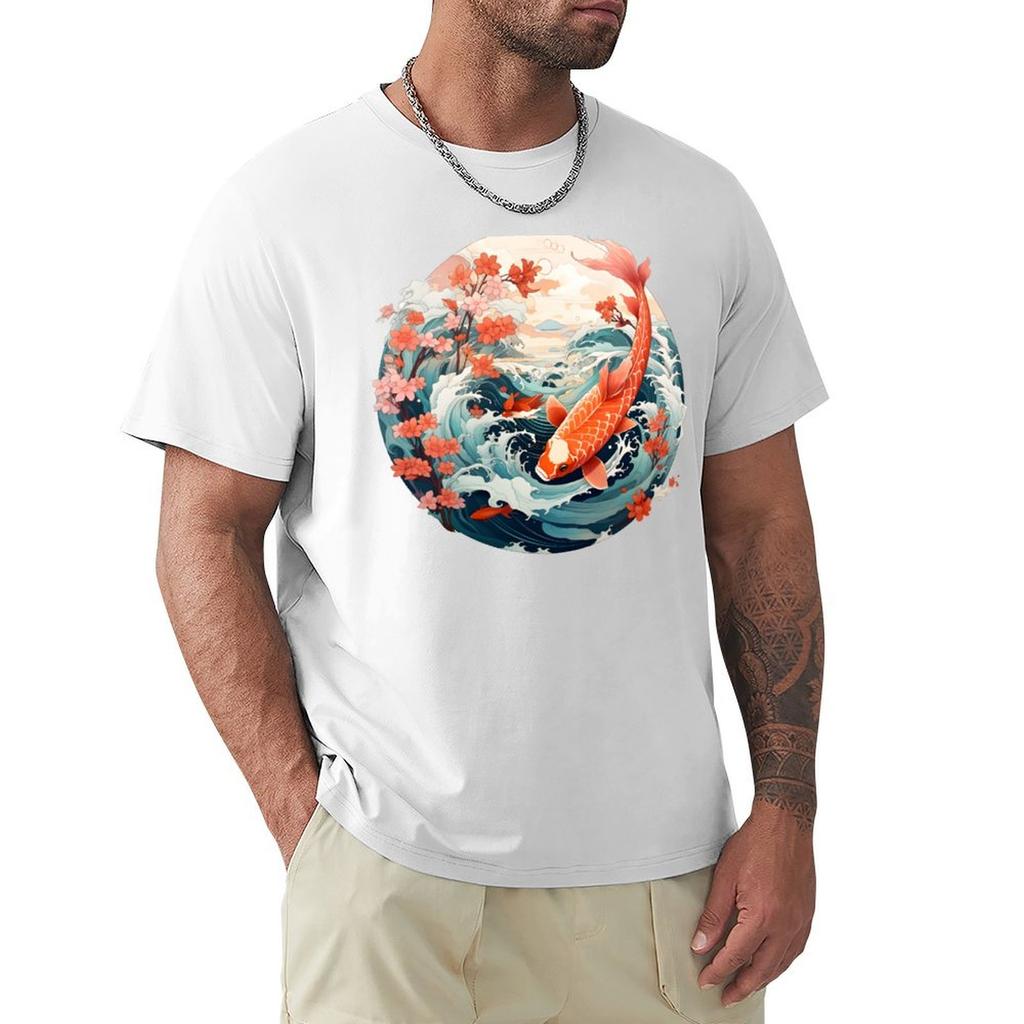 Koi Wave In Japanese Style Tshirt Work Daily Short Sleeve Top