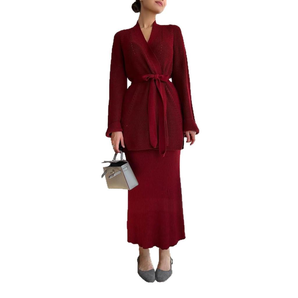 Autumn 2025 Women's Belted Knit Sweater Dress - European & American Fashion