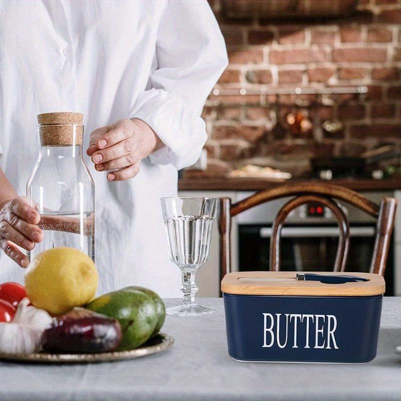 Large Ceramic Butter Dish with Wooden Lid Stainless Steel Knife Bamboo Cover Silicone Seal Kitchen Storage