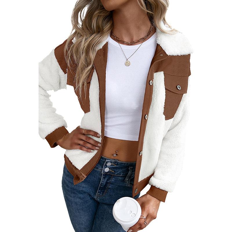 

Осенне-зимняя новая куртка контрастного цвета с длинным рукавом, женская куртка в повседневном стиле, теплая утолщенная куртка с лацканами, женская прямая продажа S