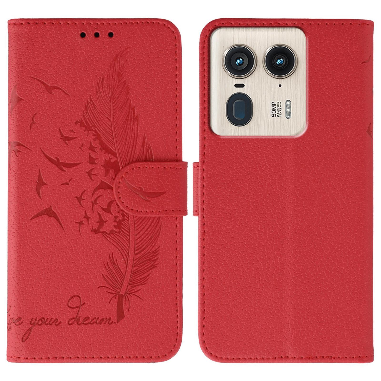 

For Motorola Edge 50 Ultra 5G/Moto X50 Ultra 5G Case Feather Imprint PU Leather Wallet Phone Cover Red