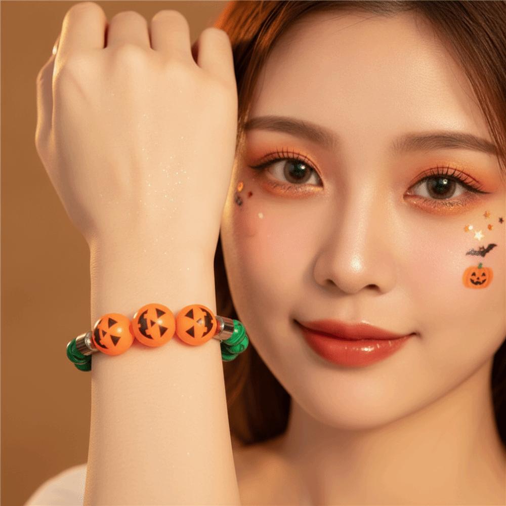 Elastic Halloween Bracelet Stretchy Wood Wristband Devil Eye Bangle Pumpkin Beads Bracelet Couples