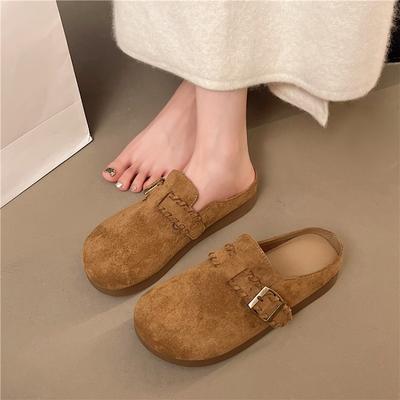 New Round-toe Deep-mouth Metal Buckle Cow Suede Platform Anti-slip Wear-resistant Flat-sole Wrapped-head Slippers for Autumn