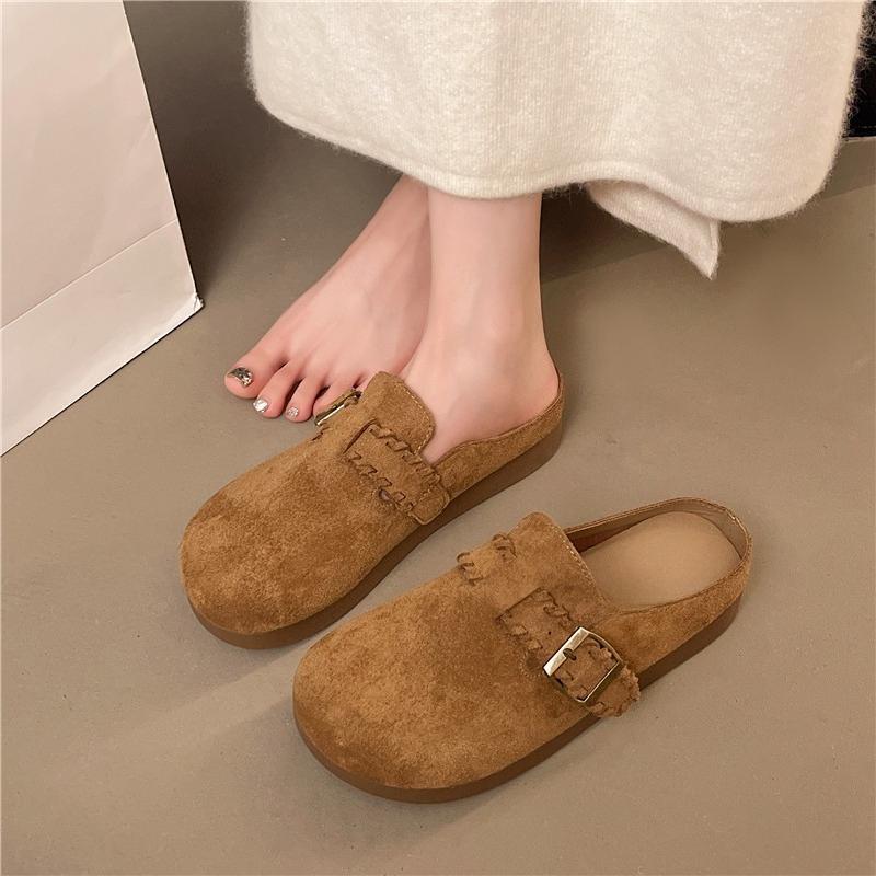Fashion New Round-toe Deep-mouth Metal Buckle Cow Suede Platform Anti-slip Wear-resistant Flat-sole Wrapped-head Slippers for Autumn