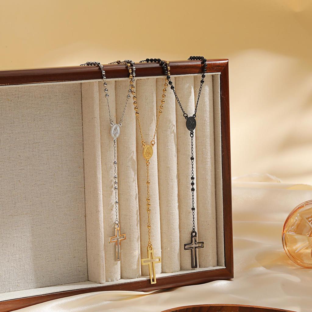 Damen Kreuz Rosenkranz Halskette, Maria mit Kreuz Anhänger, Schwarz Gold Farbe Edelstahl Christus Jesus Gebet Kirche Schmuck