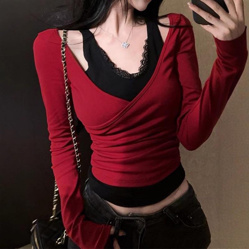 Spring Autumn Sexy Fashion Lace Patchwork Fake Two Pieces Pullover Tee Women Long Sleeve All-match T-shirt Top