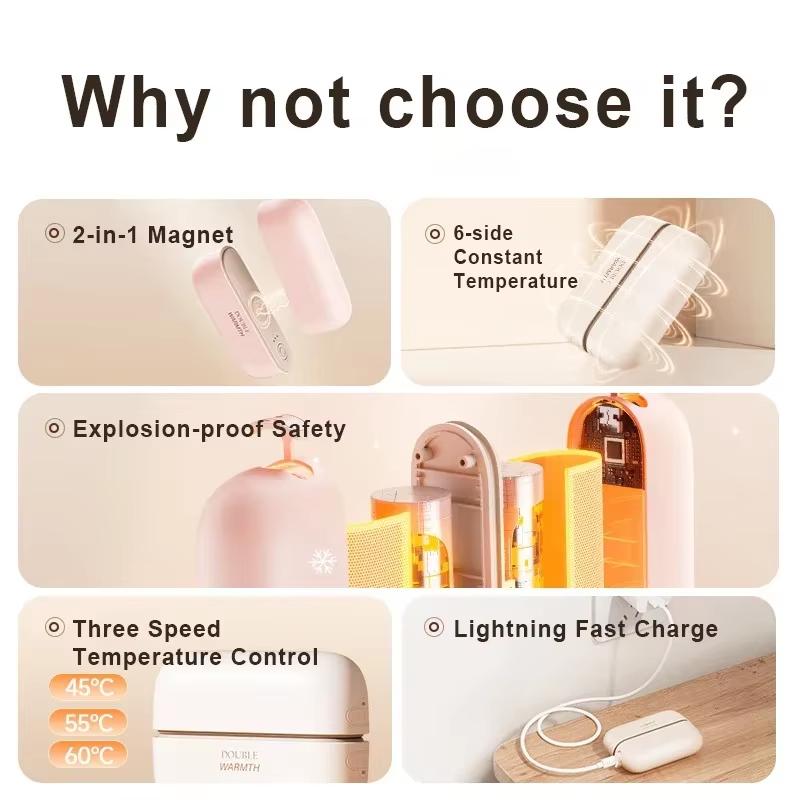Calentador de Manos Eléctrico Magnético Dual 2 en 1 Calentamiento Rápido en 3 Segundos Calentador de Manos de Bolsillo Recargable por USB Portátil