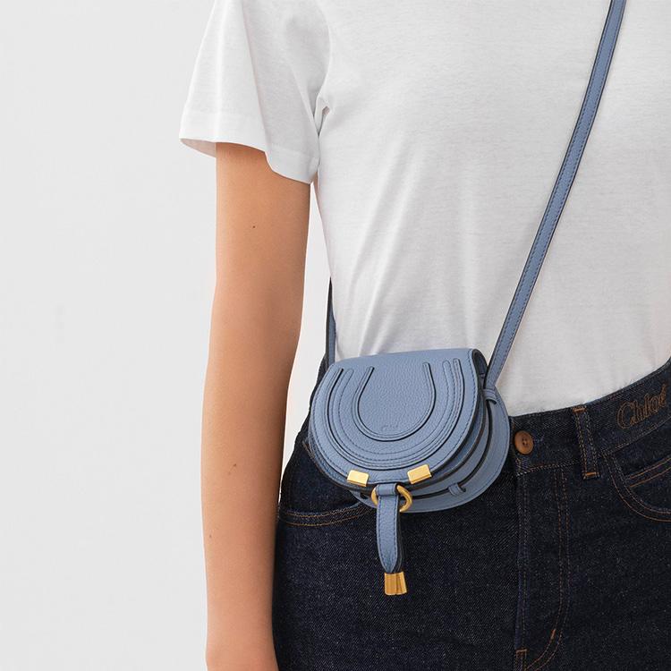 New Chloe Marcie Brass And Grain Calfskin Saddle Bag Shoulder Bag, Crossbody Bag Extra Mini Women's Blue CHC22-AP675I31-484