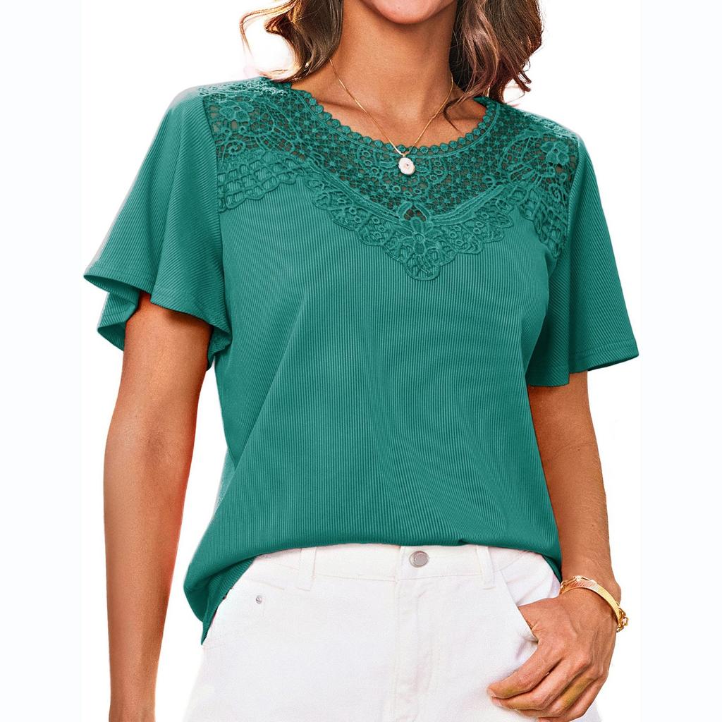 Women's Fashionable Casual Ice Silk Pleated Lace Round Neck Short Sleeve