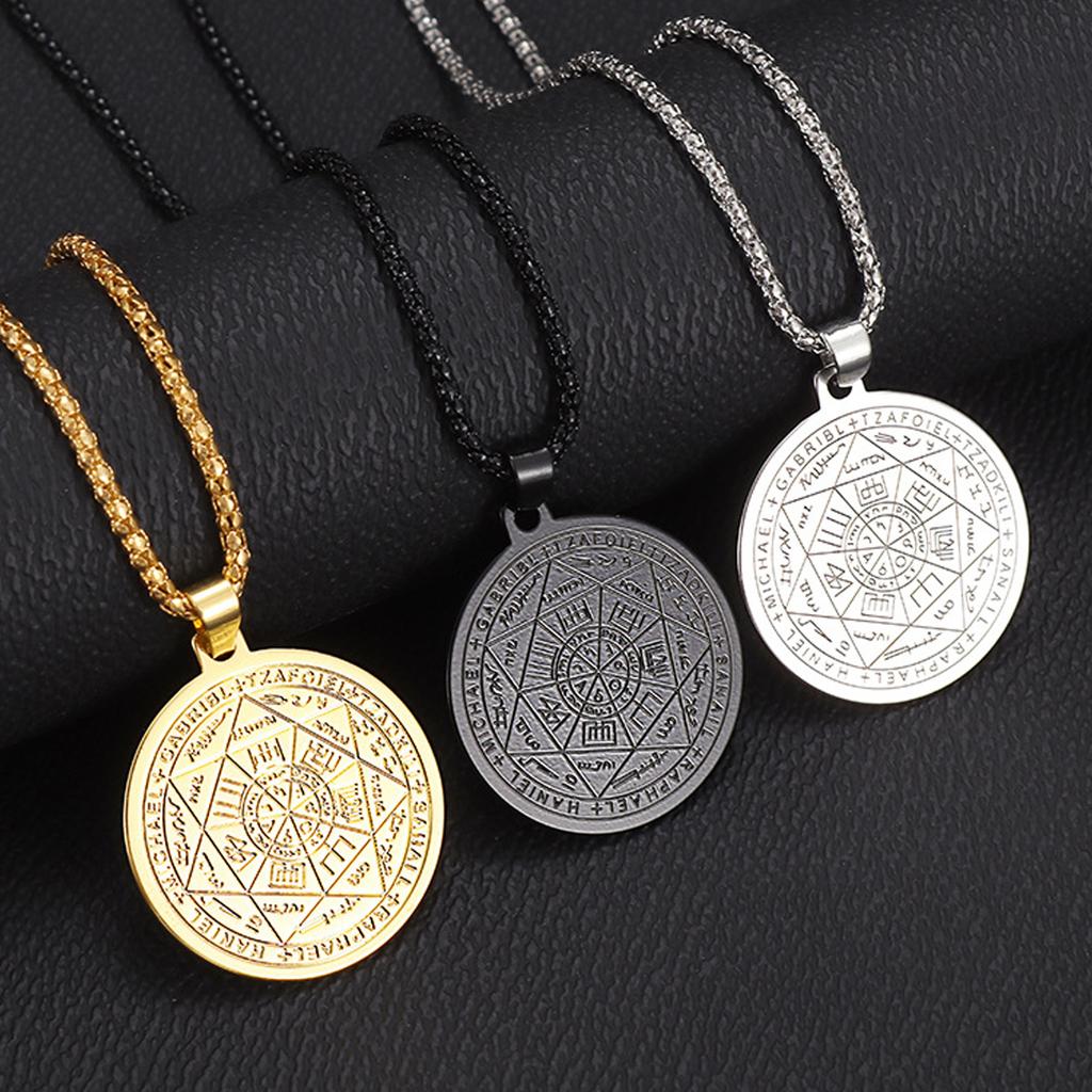 Modern Christian Inspired Pendant Necklace With Mystical Coin Design Sturdy Stainless Steel Chain Spiritual Jewelry Gift