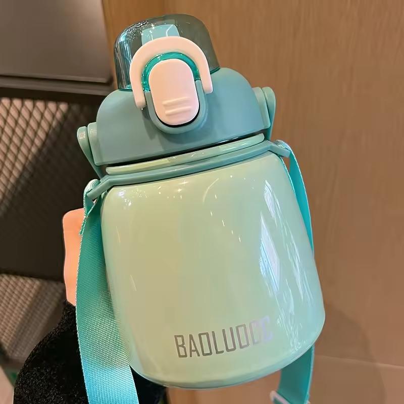 650ml Double Stainless Steel Thermos Mug with Straw Portable Vacuum Flasks with Strap Fashion Cute Thermal Bottle Tumbler