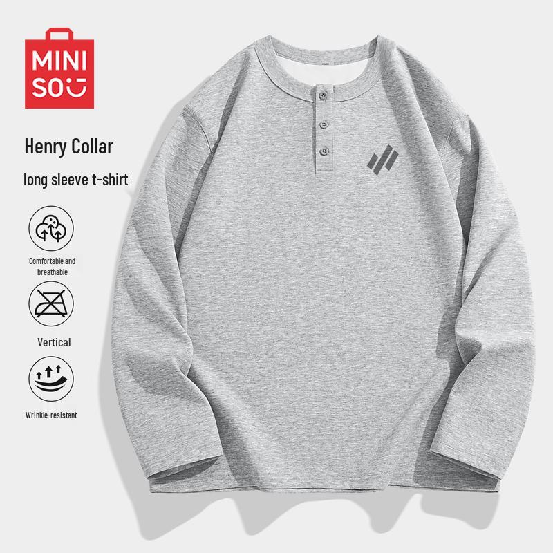 MINISO Men's American Retro Henley Long-Sleeve T-Shirt