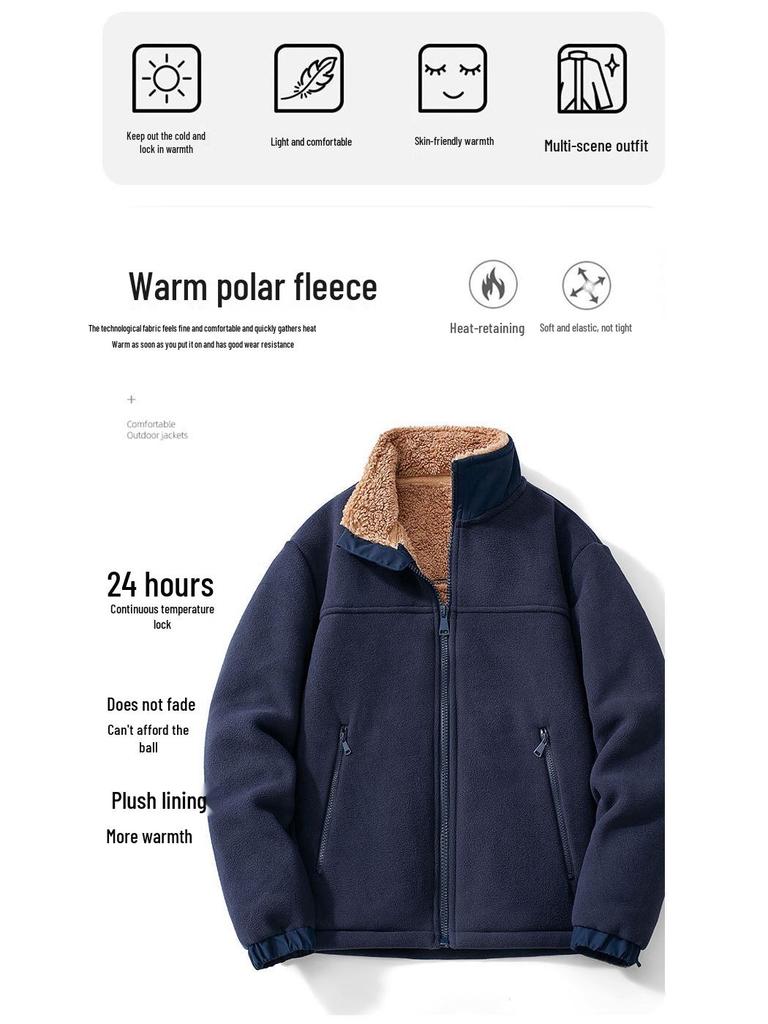 Men's Fleece-Lined Stand Collar Windbreaker - Warm Lambswool Inner Layer for Autumn and Winter