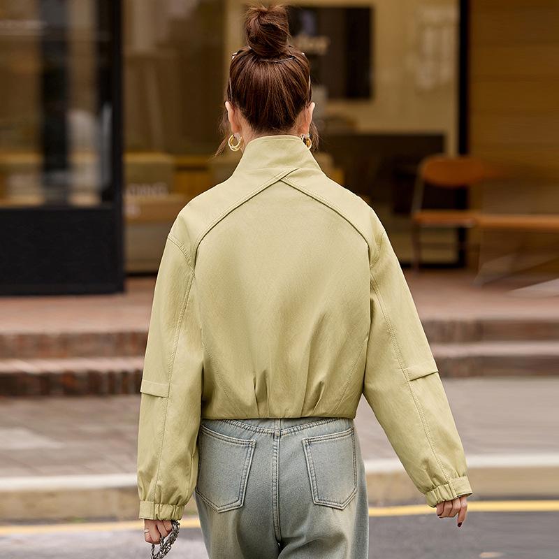 Women's Fashionable PU Leather Stand Collar Jacket, Spring 2025 Collection, Short Style Outerwear