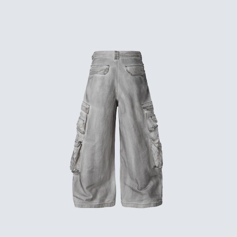 Mens Relaxed Fit Wide Leg Jeans Punk Style Washed Denim Pants Multi Pockets Casual Trousers