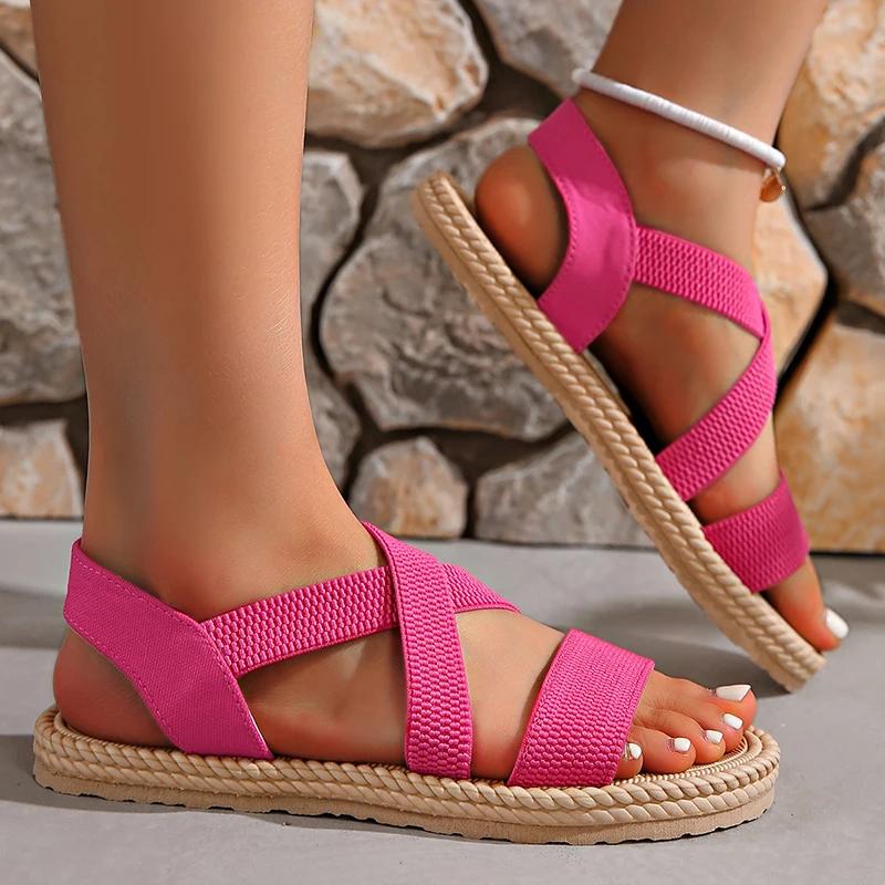Fashion Summer New Flats Sole Women Sandals Fashion Cross Band Plus Size 43 Beach Sandels 2025 Hot Seller Ladies Vacation Zapatillas