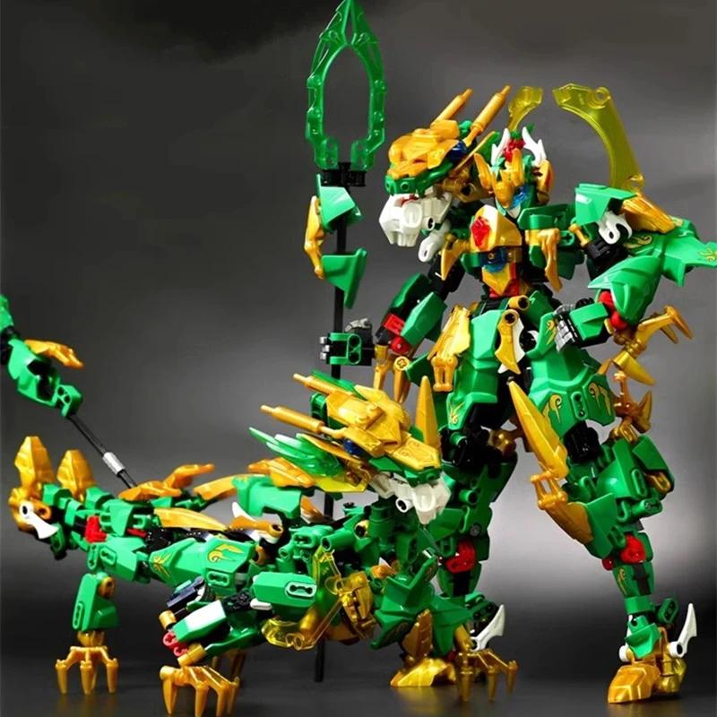 Transforming Robot Building Blocks Chinese Mythical Beast Model CyanDragon White Tiger Rosefinch Figure Children's Assembly Toy