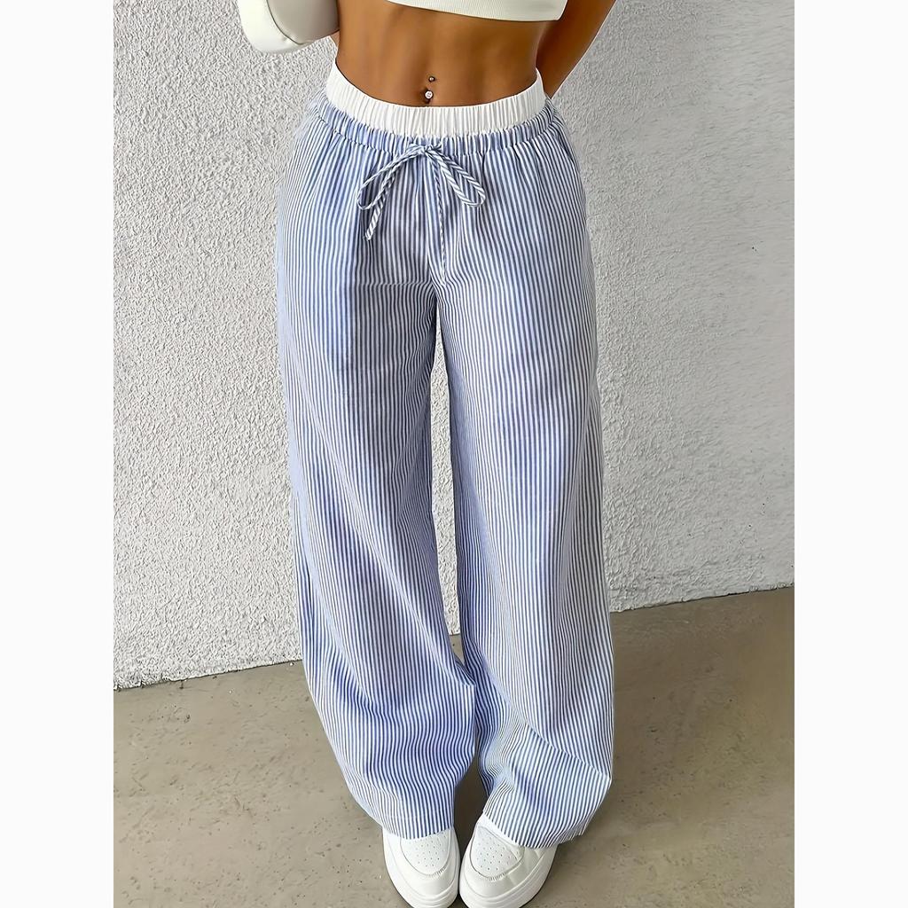 Lässige Gerade Hose Damen Modische Gestreifte Bodenlange Hose