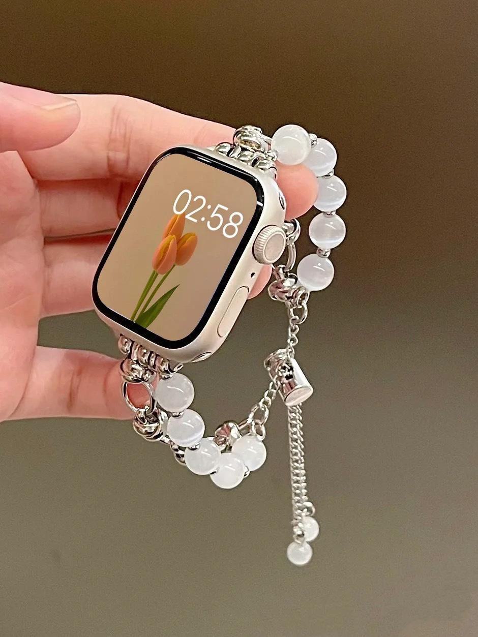 

Металлический ремешок с бусиной из камня кошачий глаз для Apple Watch 38mm/40mm/41mm серебро белый