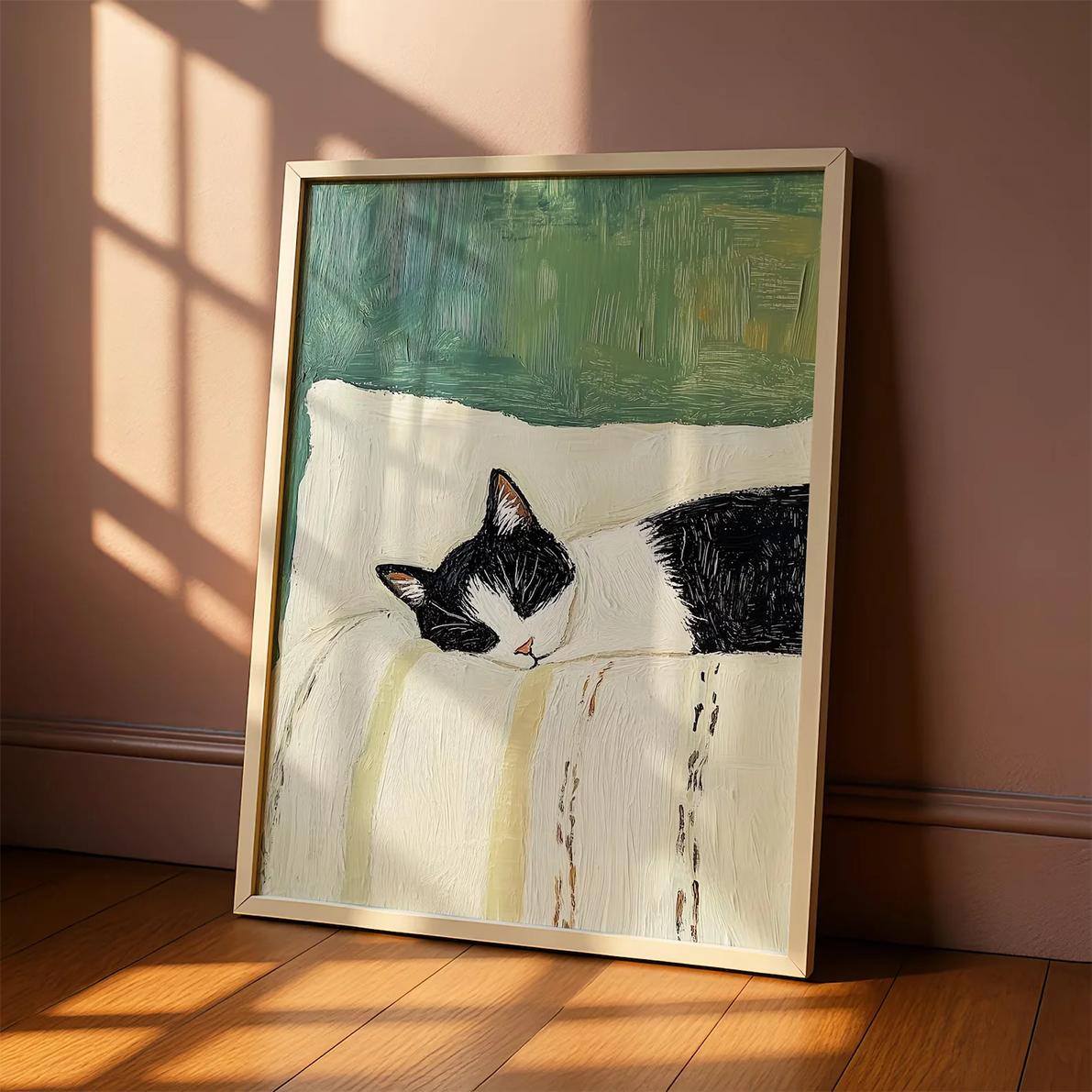 

Sleeping Tuxedo Cat Wall Art Print: Black and White Cat Painting, Unframed Cat Poster Gift Decoration 20x30cm
