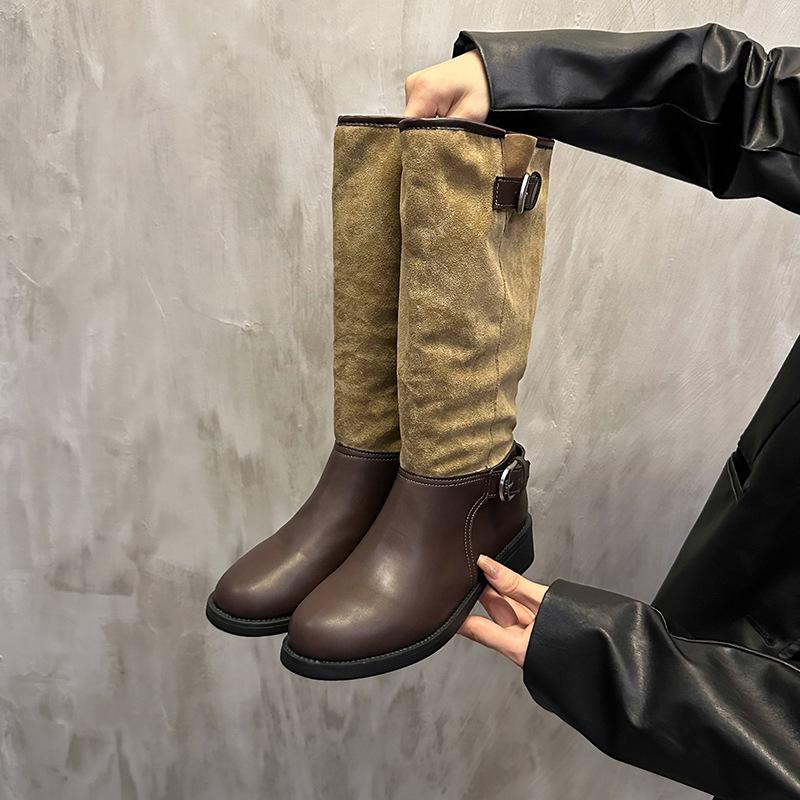 French Retro Western Boots Women's New Suede High Boots Knight Boots Belt Buckle Color Matching Fashion Boots Women's Boots